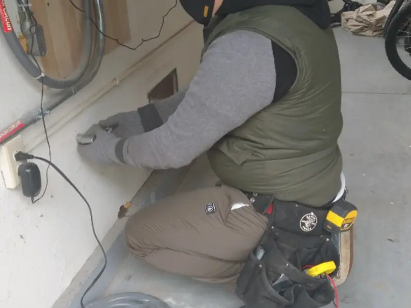 Electrician performing outlet wiring in a Leoni garage